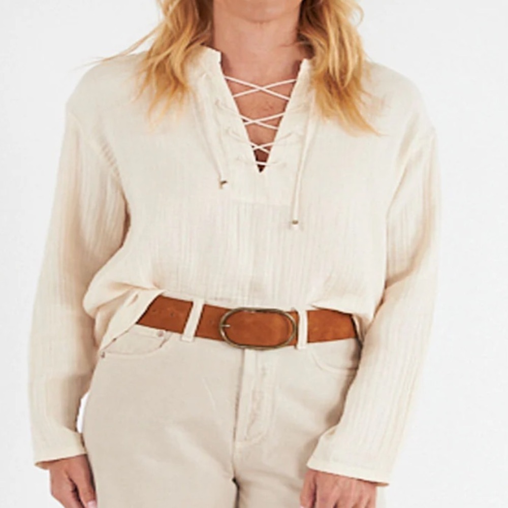 NWT $188 Xirena Tripp Lace Up Oysterette Long Sleeve Gauze Blouse Top